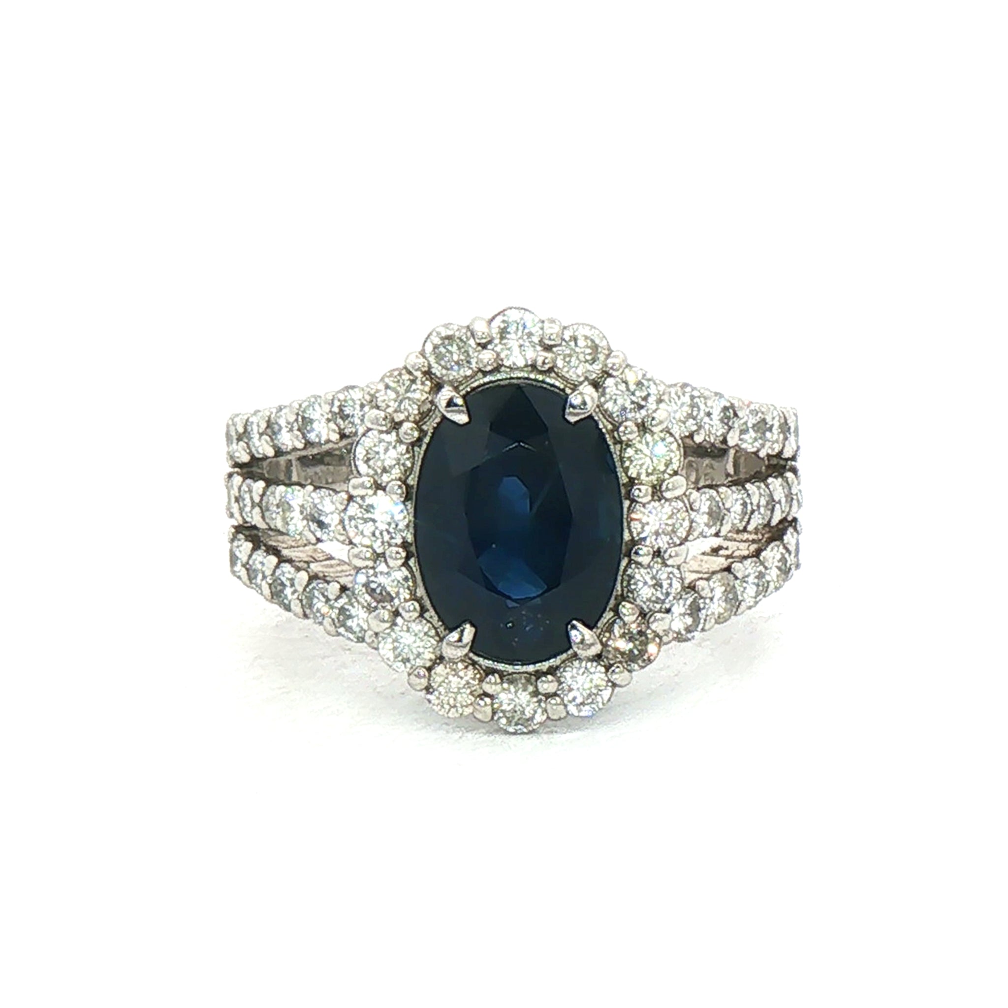 2.64ct Oval Sapphire & 1.06ct Natural Diamond Halo Split Shank Cluster Dress Ring in 18ct White Gold