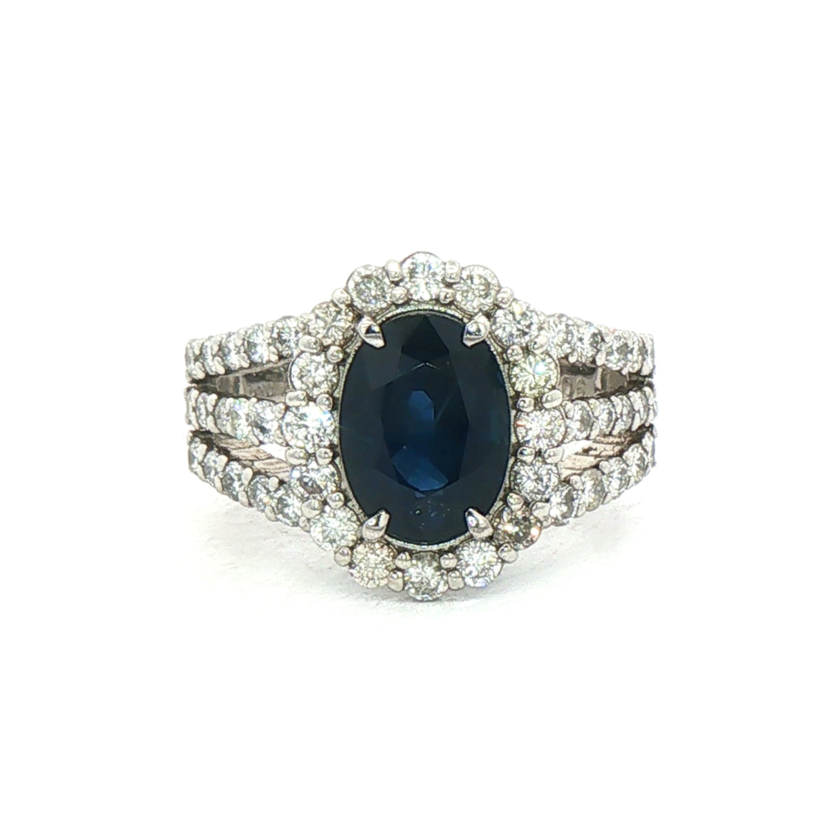 2.64ct Oval Sapphire & 1.06ct Natural Diamond Halo Split Shank Cluster Dress Ring in 18ct White Gold