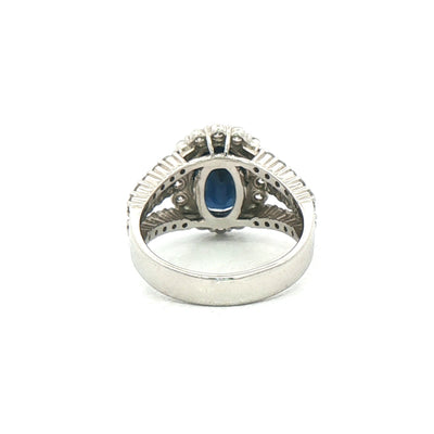 2.64ct Oval Sapphire & 1.06ct Natural Diamond Halo Split Shank Cluster Dress Ring in 18ct White Gold