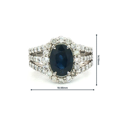 2.64ct Oval Sapphire & 1.06ct Natural Diamond Halo Split Shank Cluster Dress Ring in 18ct White Gold