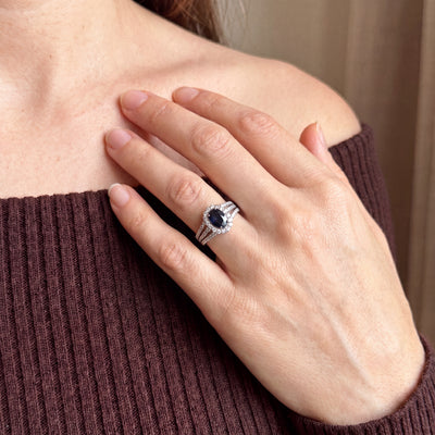 2.64ct Oval Sapphire & 1.06ct Natural Diamond Halo Split Shank Cluster Dress Ring in 18ct White Gold