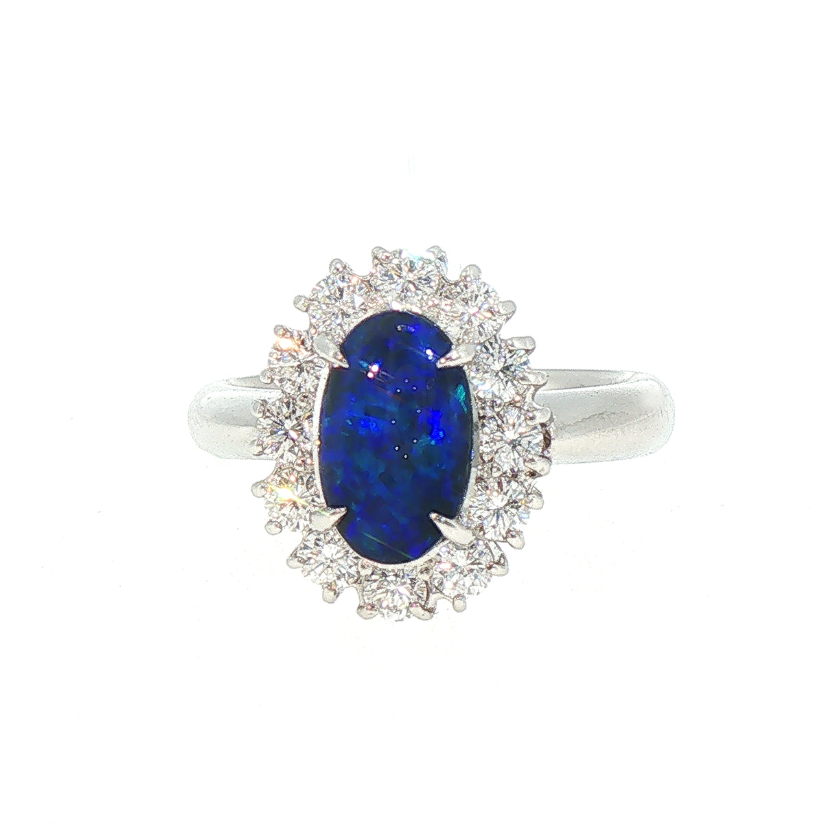 Vintage Black Opal and Natural Diamond Cluster Ring in Platinum