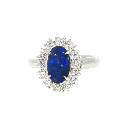 Vintage Black Opal and Natural Diamond Cluster Ring in Platinum