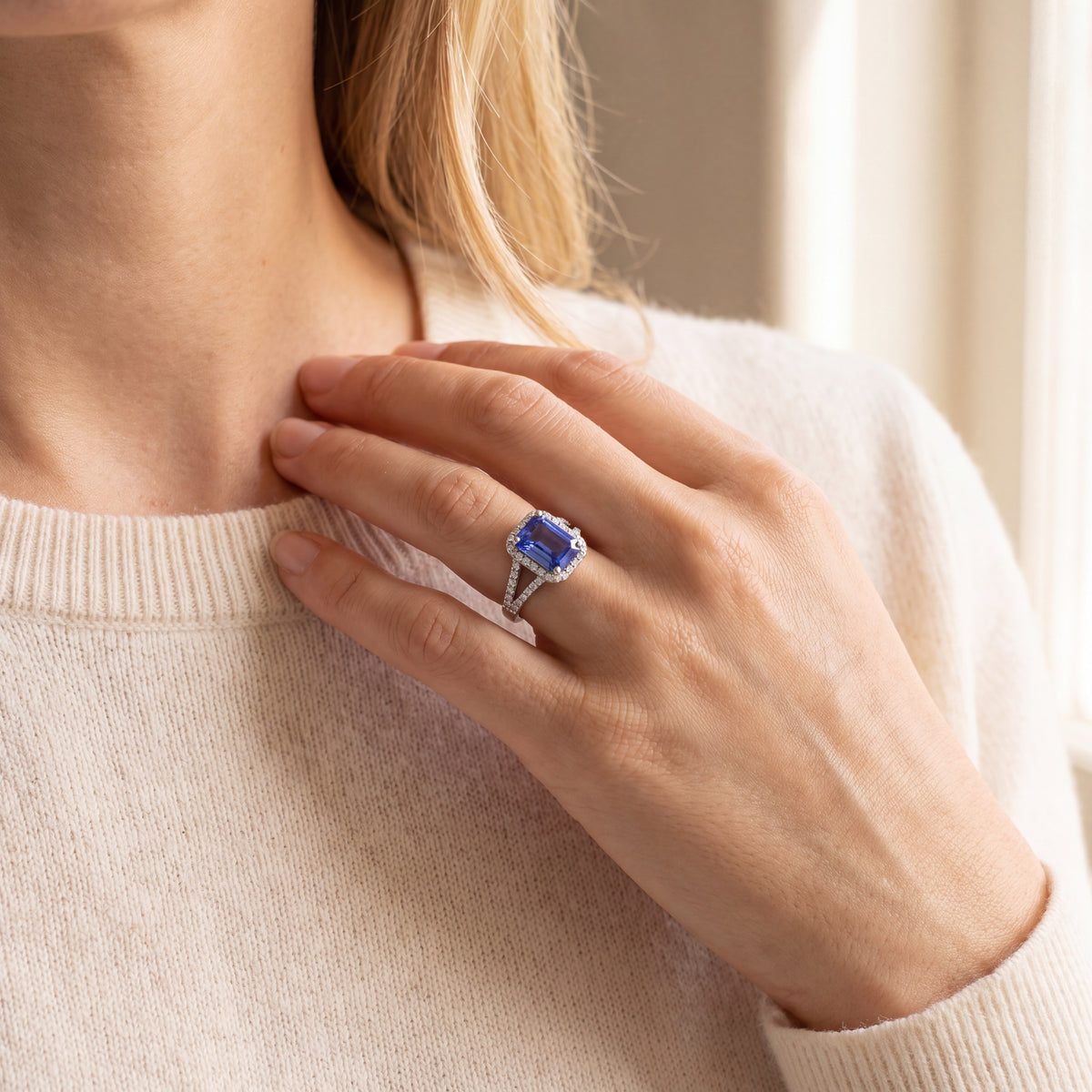 Vintage Emerald Cut Tanzanite and Natural Diamond Split Shank Ring in Platinum
