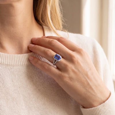 Vintage Emerald Cut Tanzanite and Natural Diamond Split Shank Ring in Platinum