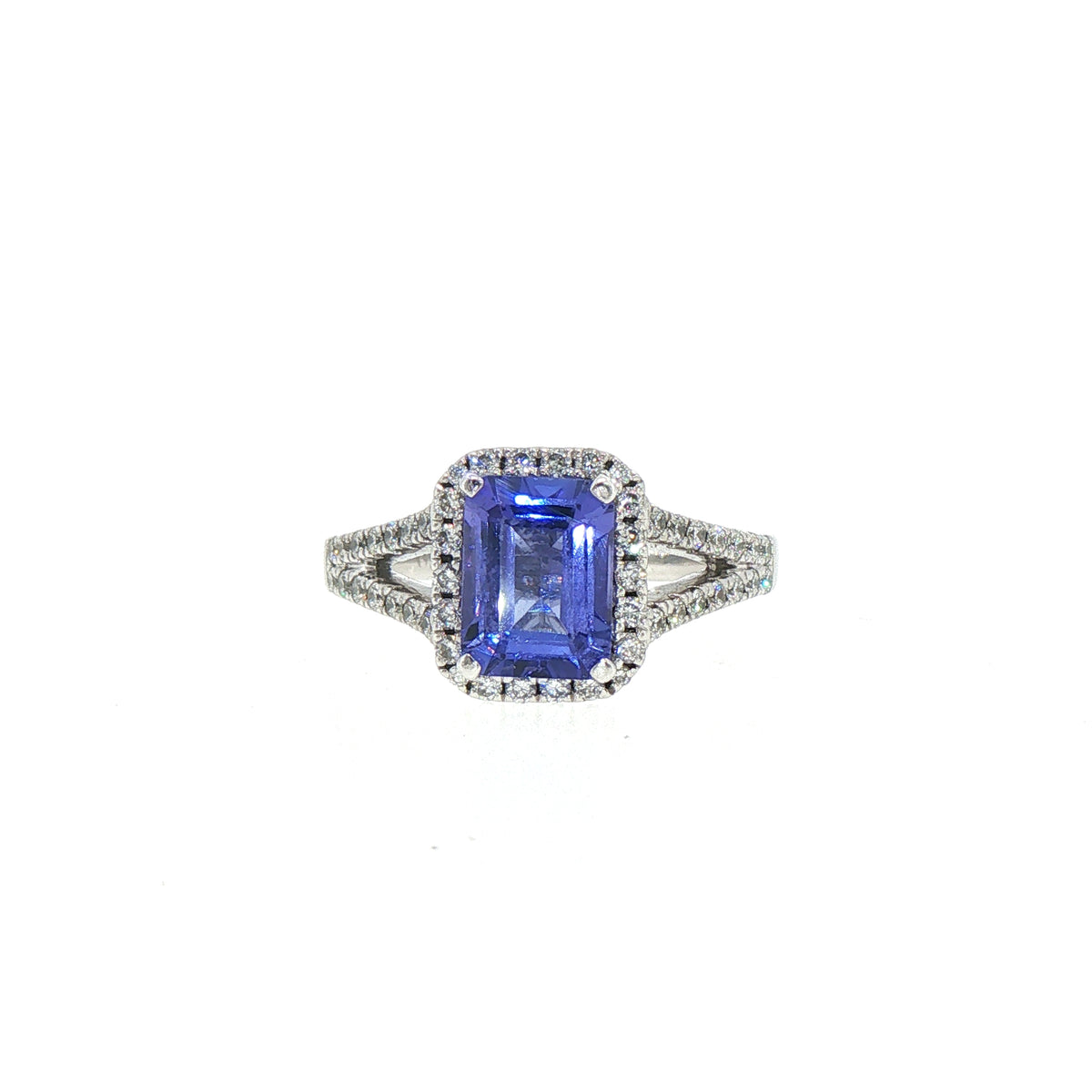 Vintage Emerald Cut Tanzanite and Natural Diamond Split Shank Ring in Platinum