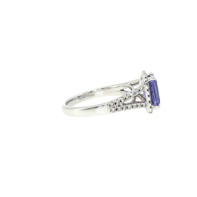 Vintage Emerald Cut Tanzanite and Natural Diamond Split Shank Ring in Platinum