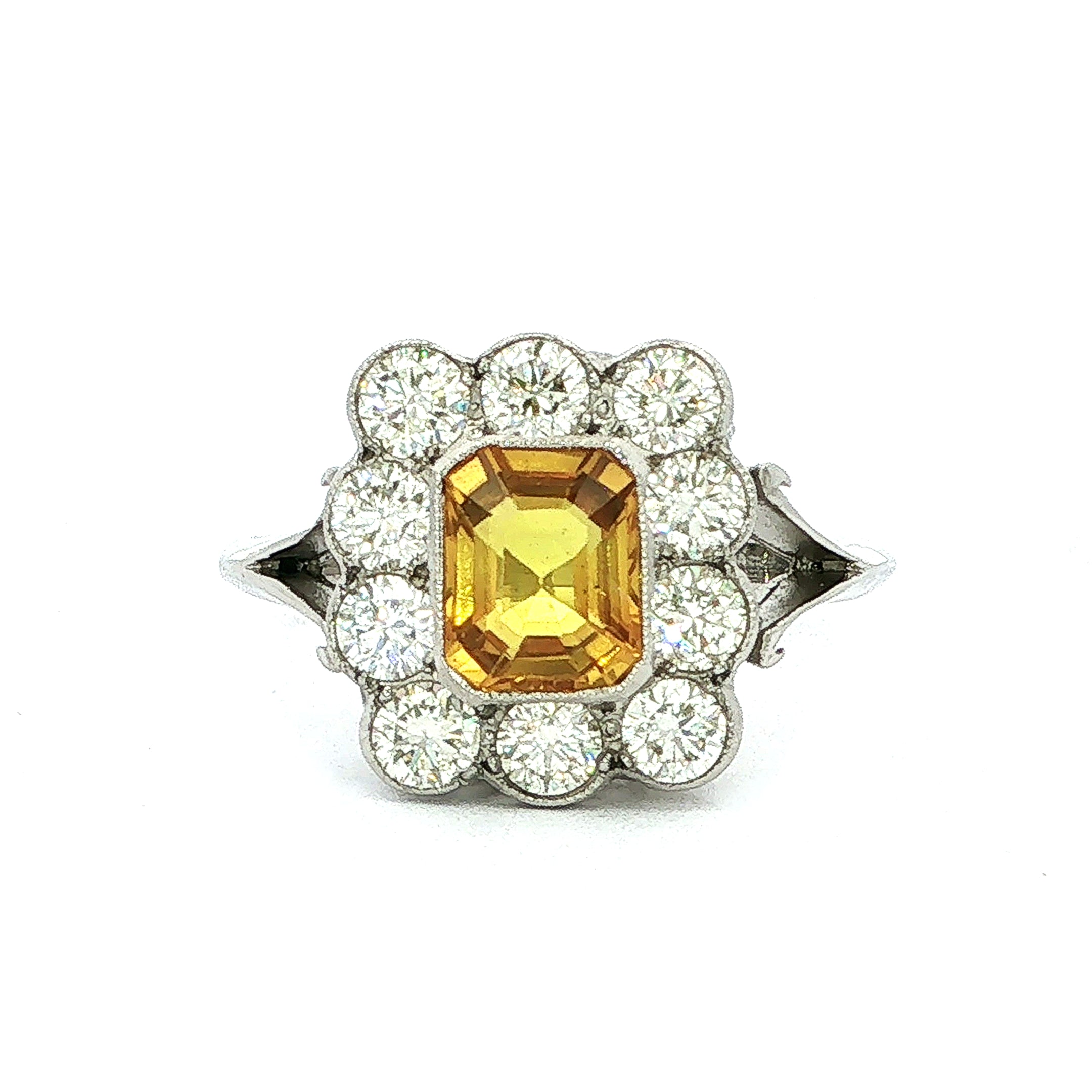 1.20ct Yellow Sapphire Emeral Cut & 0.80ct Natural Diamond Closter Ring in Platinum