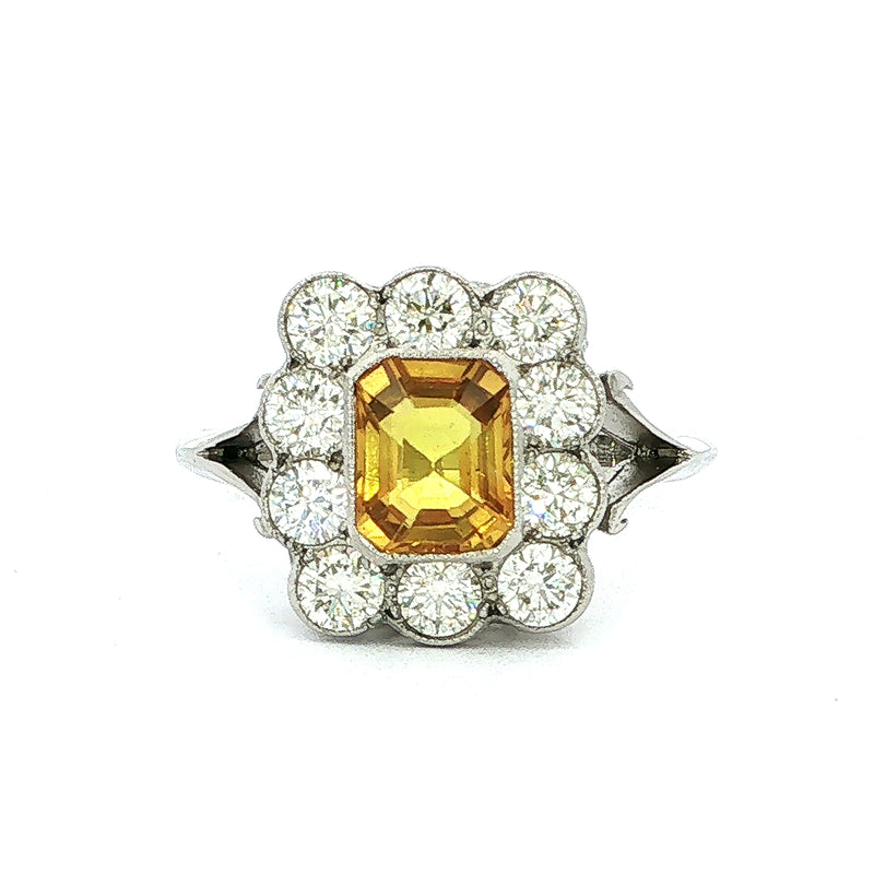 1.20ct Yellow Sapphire Emeral Cut & 0.80ct Natural Diamond Closter Ring in Platinum