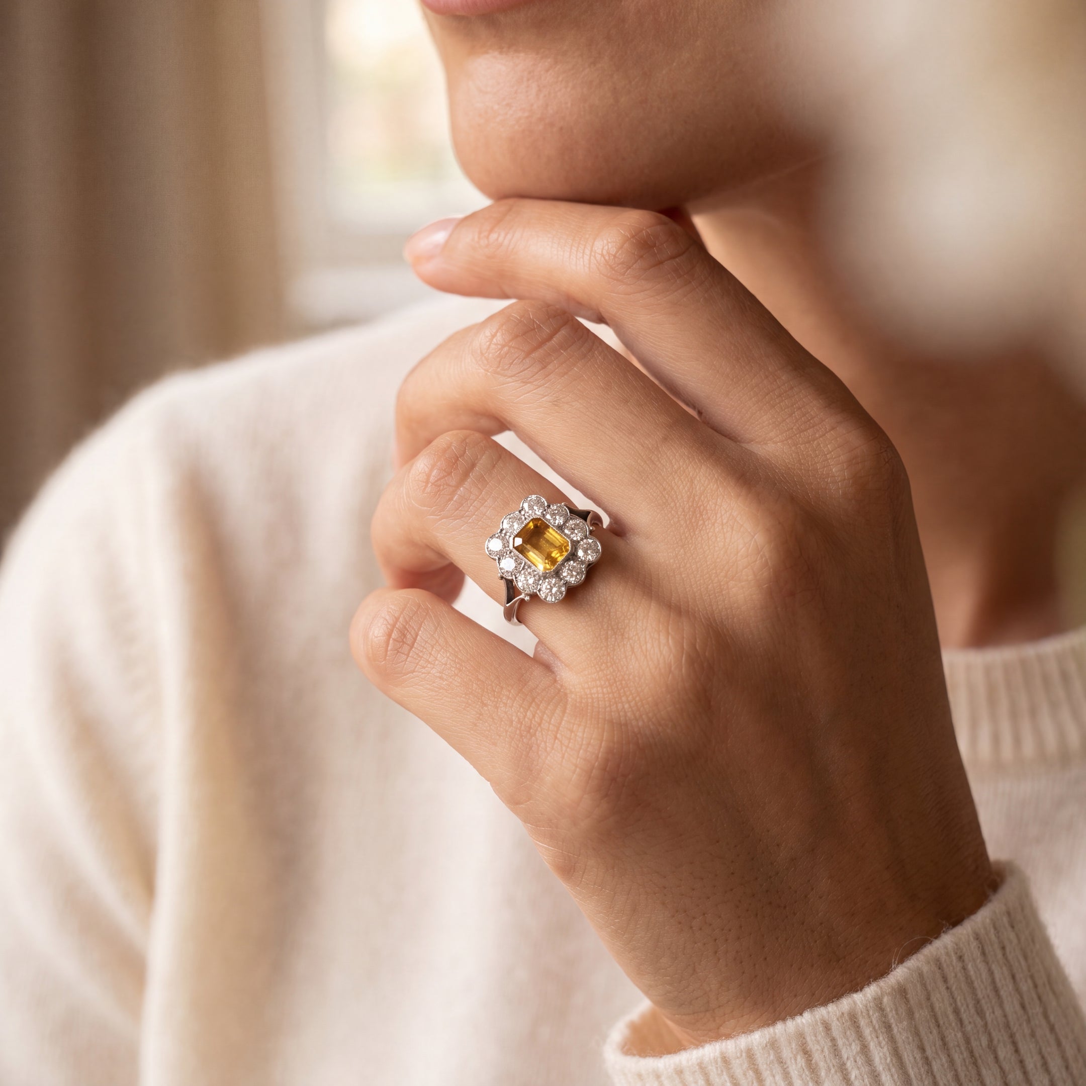 1.20ct Yellow Sapphire Emeral Cut & 0.80ct Natural Diamond Closter Ring in Platinum