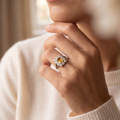 1.20ct Yellow Sapphire Emeral Cut & 0.80ct Natural Diamond Closter Ring in Platinum