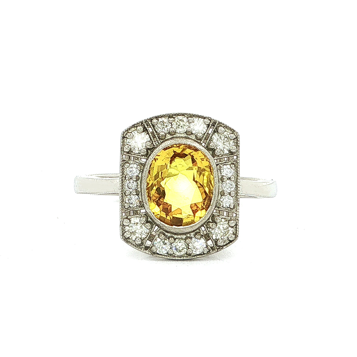 Oval Yellow Sapphire & Natural Diamond Vintage Ring in Platinum