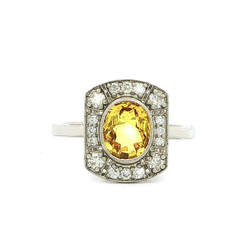 Oval Yellow Sapphire & Natural Diamond Vintage Ring in Platinum