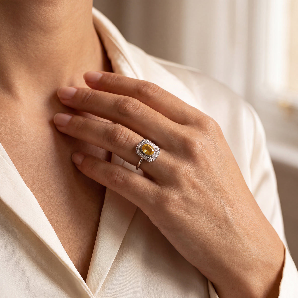 Oval Yellow Sapphire & Natural Diamond Vintage Ring in Platinum