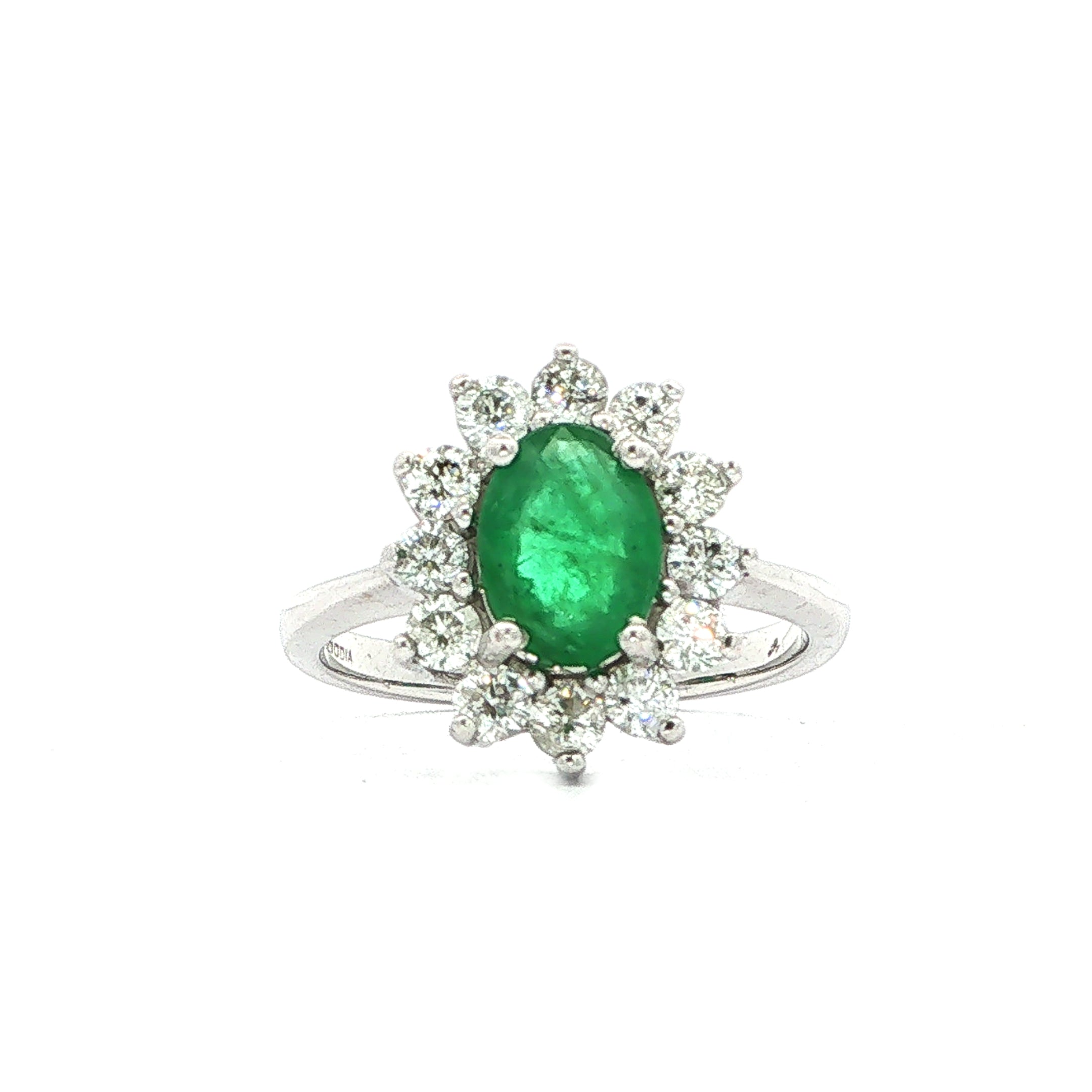 18ct White Gold Oval Emerald and Natural Diamond Cluster Ring