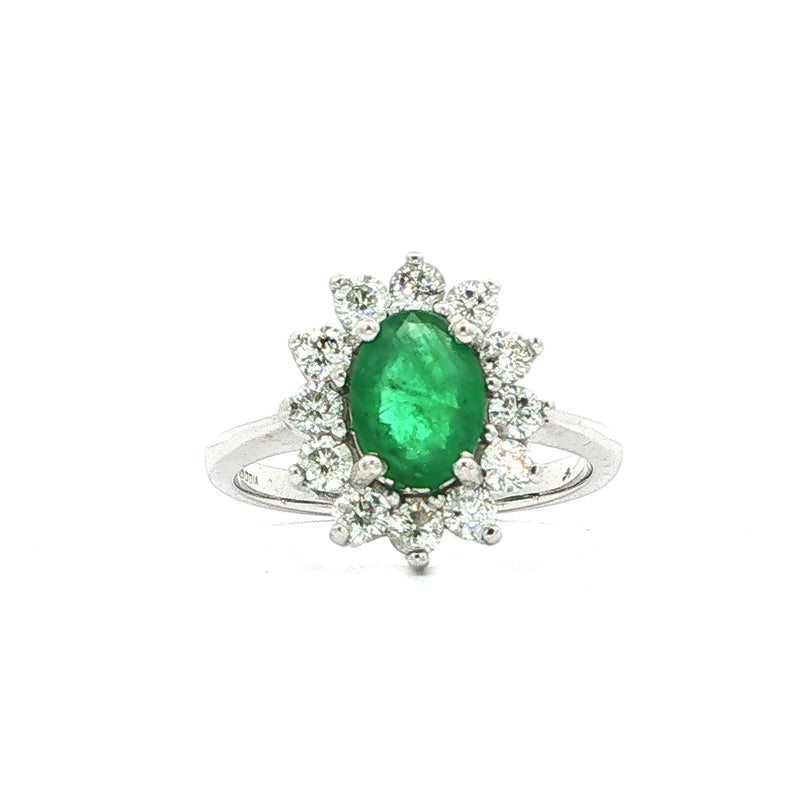 18ct White Gold Oval Emerald and Natural Diamond Cluster Ring