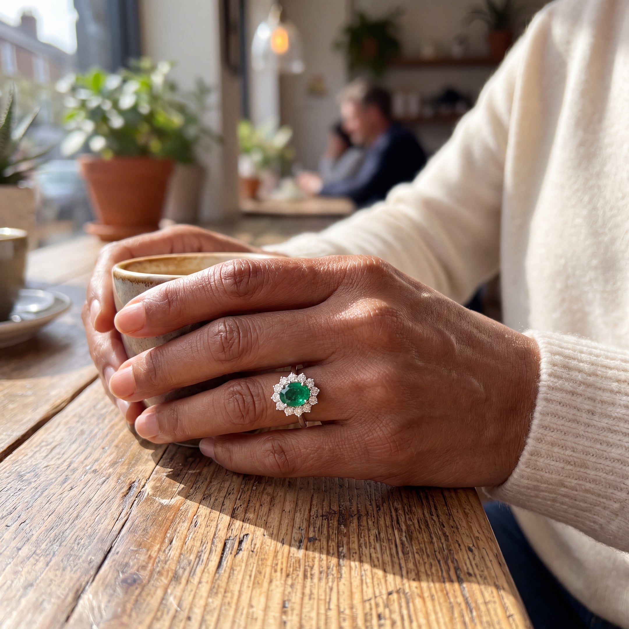 18ct White Gold Oval Emerald and Natural Diamond Cluster Ring