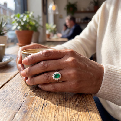 18ct White Gold Oval Emerald and Natural Diamond Cluster Ring