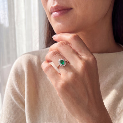 18ct White Gold Oval Emerald and Natural Diamond Cluster Ring