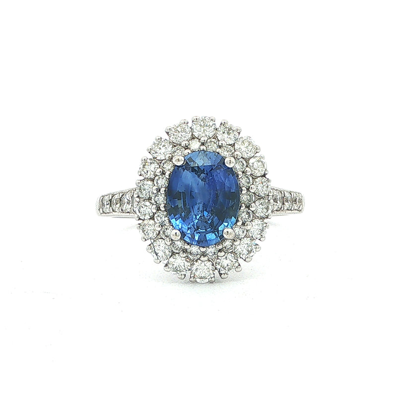 Oval Royal Blue Sapphire Halo Vintage Ring in 18ct White Gold with Natural Diamonds