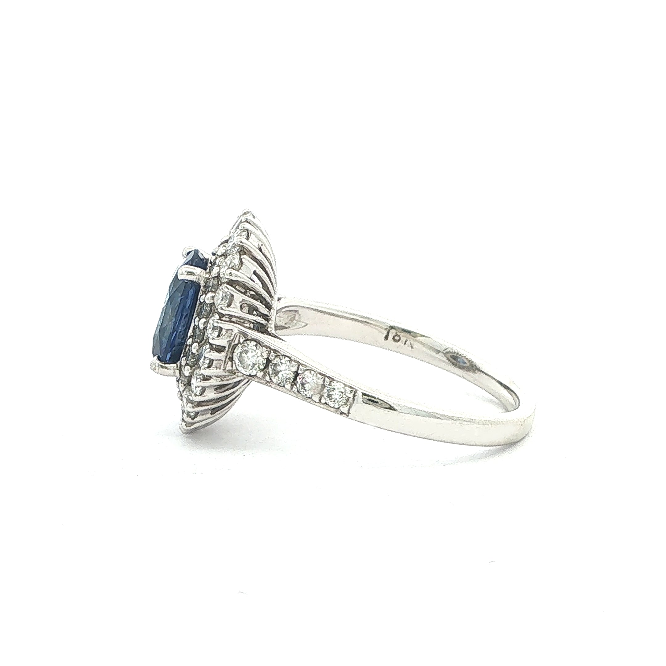 Oval Royal Blue Sapphire Halo Vintage Ring in 18ct White Gold with Natural Diamonds