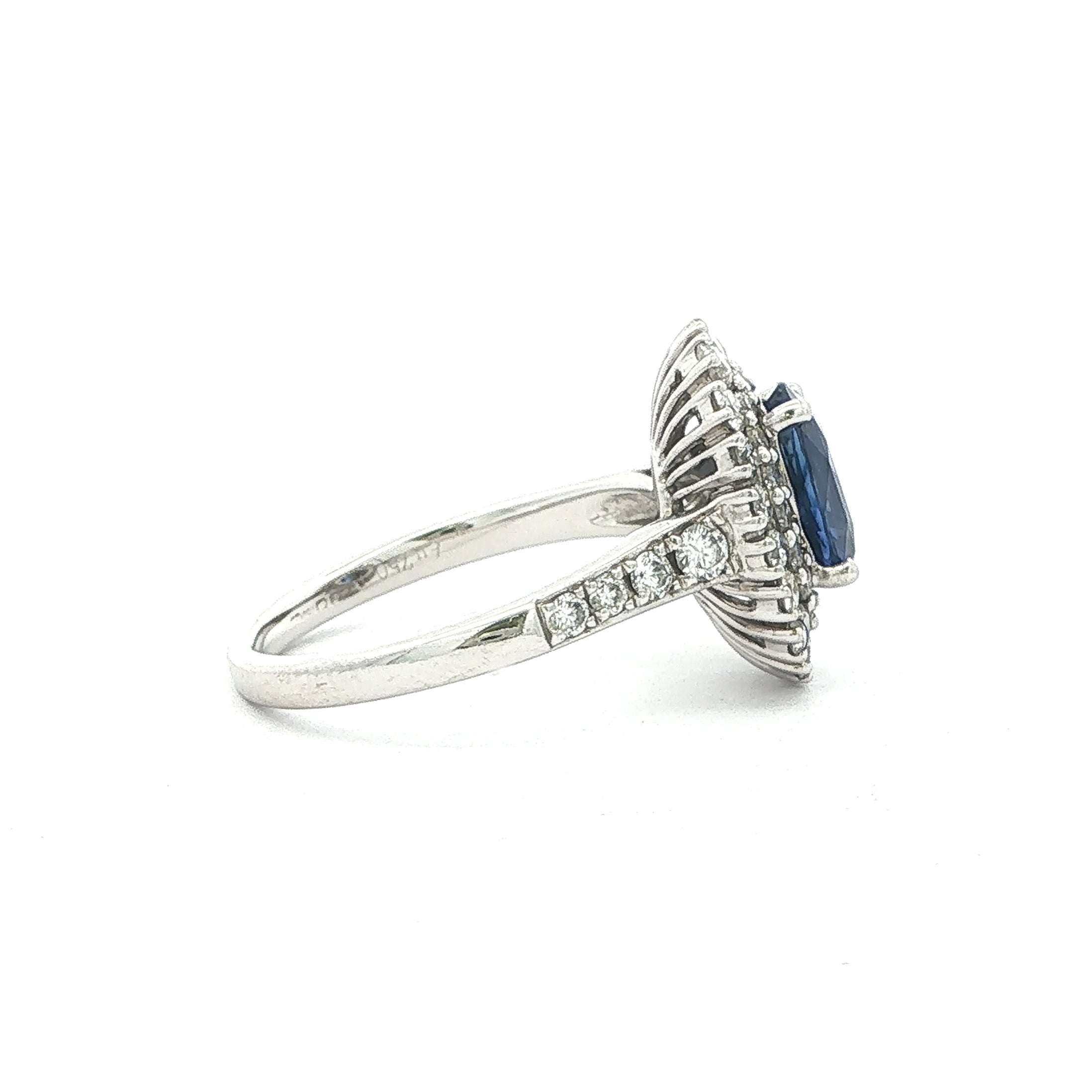 Oval Royal Blue Sapphire Halo Vintage Ring in 18ct White Gold with Natural Diamonds