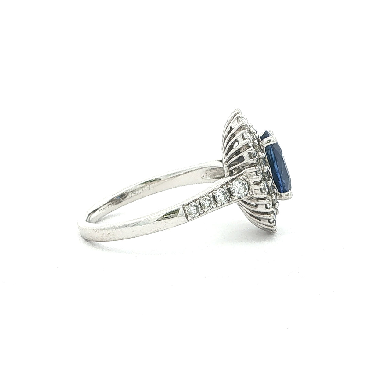 Oval Royal Blue Sapphire Halo Vintage Ring in 18ct White Gold with Natural Diamonds