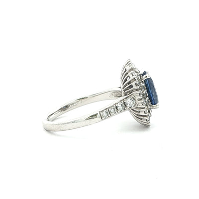 Oval Royal Blue Sapphire Halo Vintage Ring in 18ct White Gold with Natural Diamonds