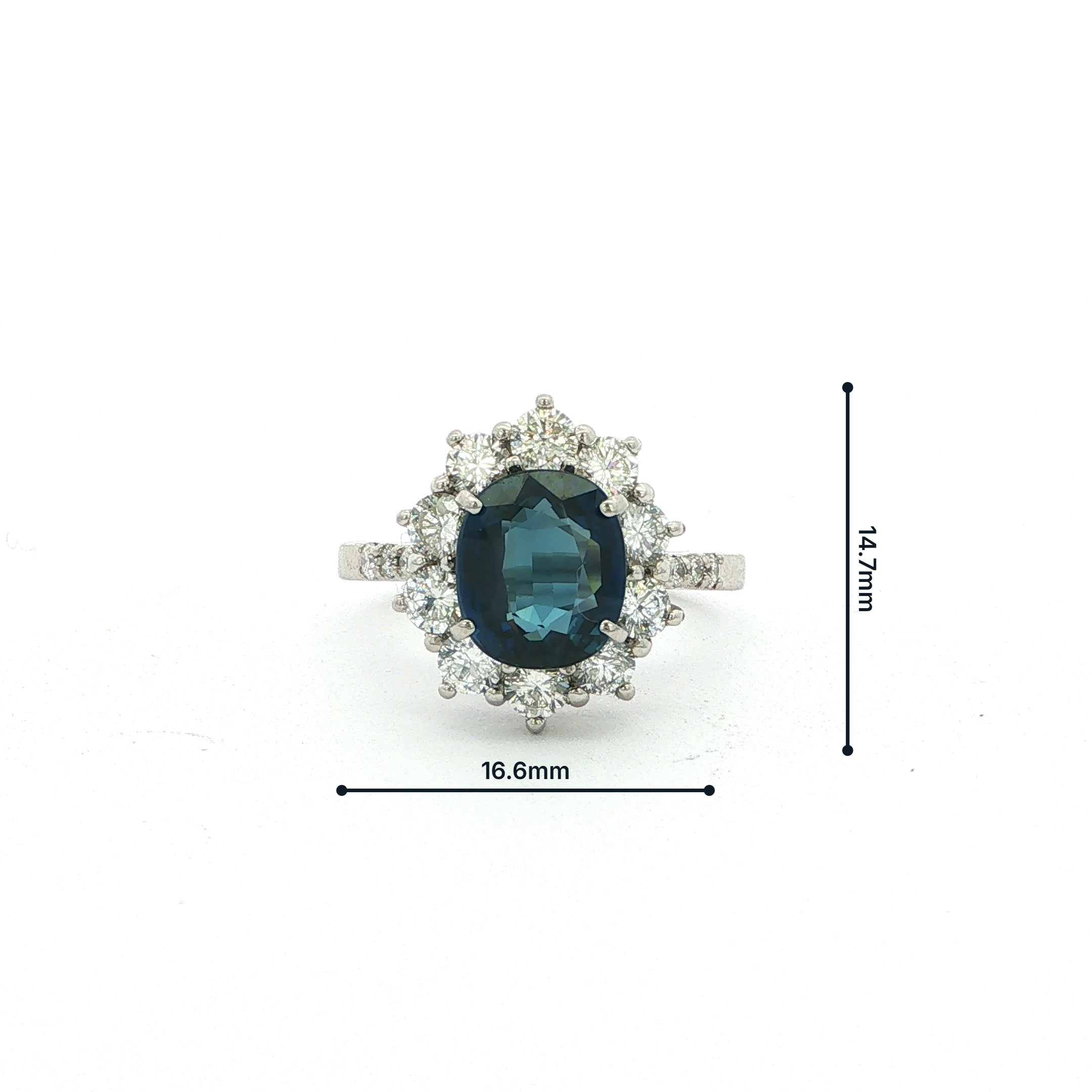 Vintage Deep Royal Blue Sapphire and Natural Diamond Halo Cluster Ring in Platinum