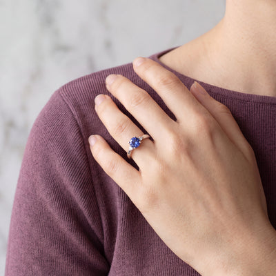 Vintage Tanzanite and Natural Diamond Three-Stone Ring in 18ct White Gold