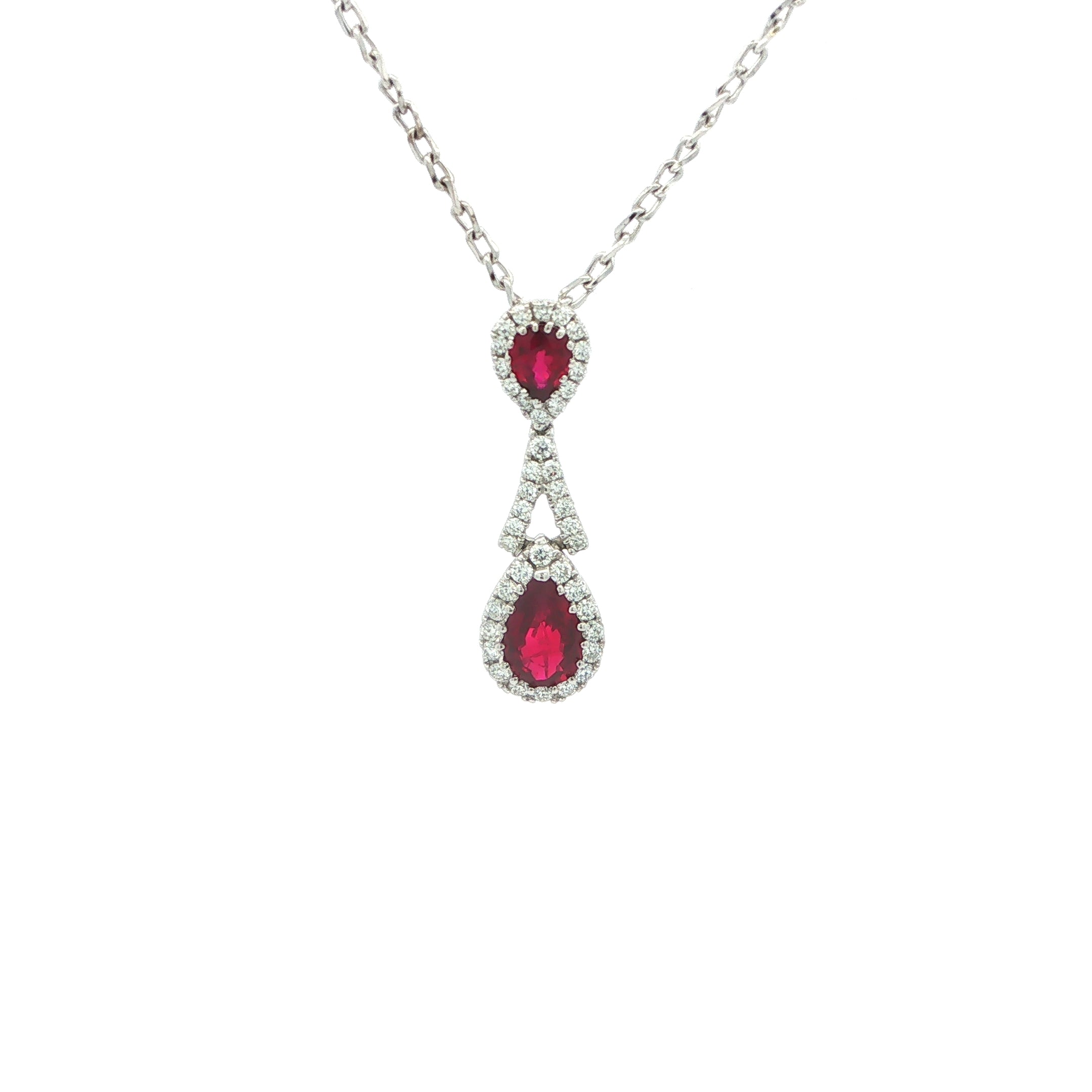 Pigeon Blood Ruby and Natural Diamond Halo Pendant Necklace in 18ct White Gold