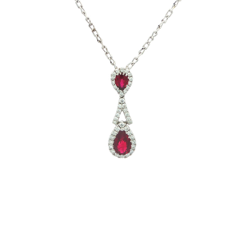 Pigeon Blood Ruby and Natural Diamond Halo Pendant Necklace in 18ct White Gold