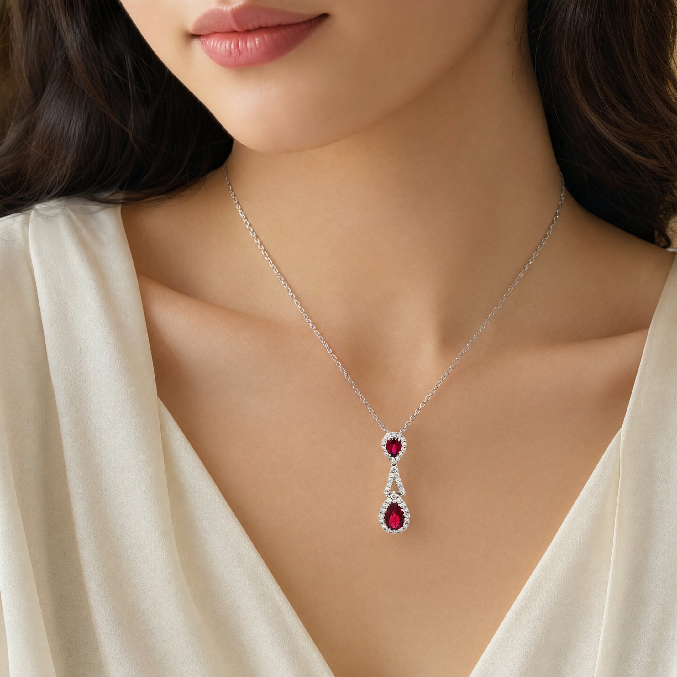 Pigeon Blood Ruby and Natural Diamond Halo Pendant Necklace in 18ct White Gold