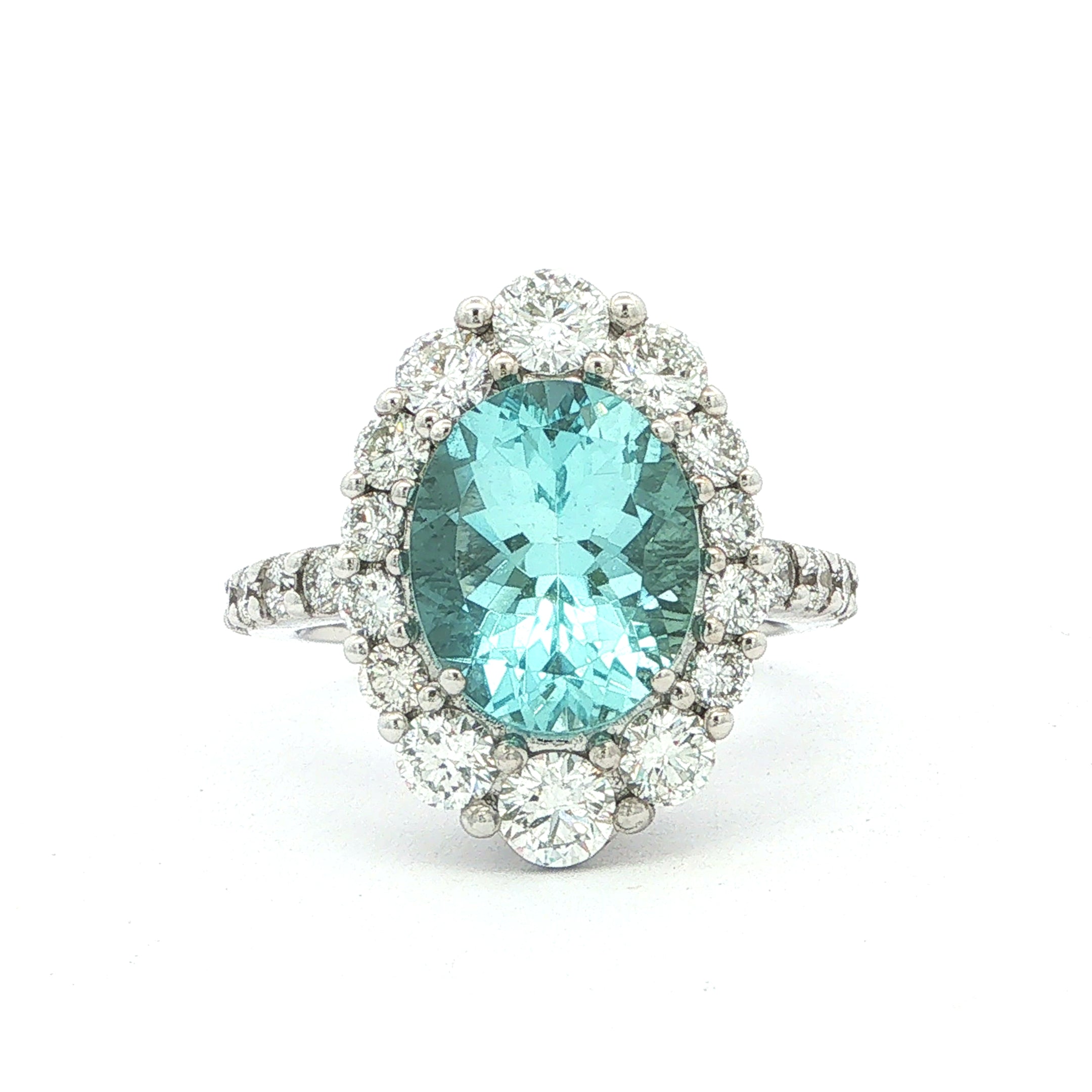 3.23ct Oval Aquamarine & 2.18ct Natural Diamond Cluster Ring in 18ct White Gold