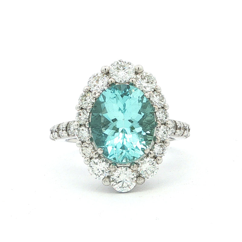 3.23ct Oval Aquamarine & 2.18ct Natural Diamond Cluster Ring in 18ct White Gold