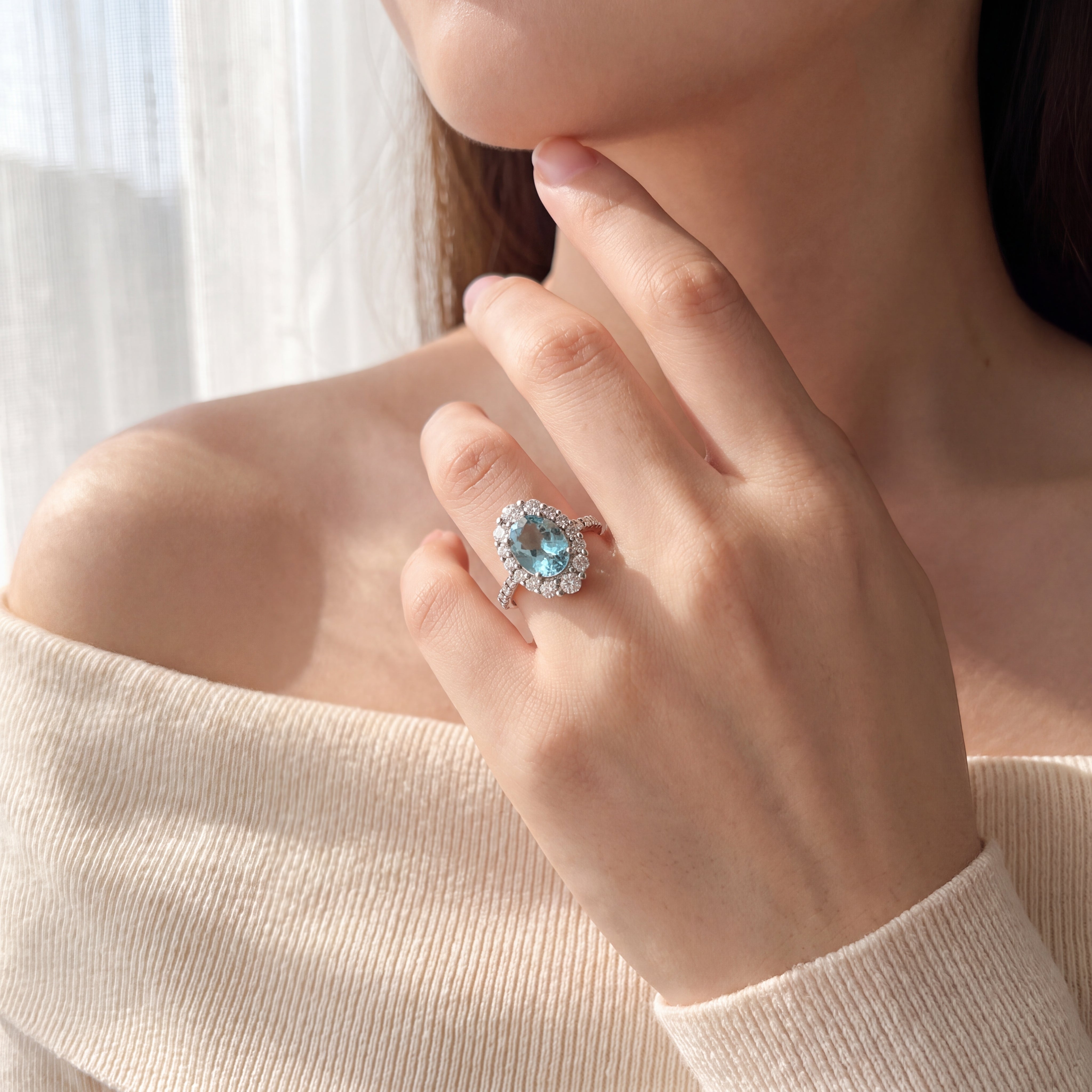 3.23ct Oval Aquamarine & 2.18ct Natural Diamond Cluster Ring in 18ct White Gold