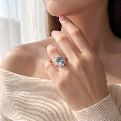 3.23ct Oval Aquamarine & 2.18ct Natural Diamond Cluster Ring in 18ct White Gold
