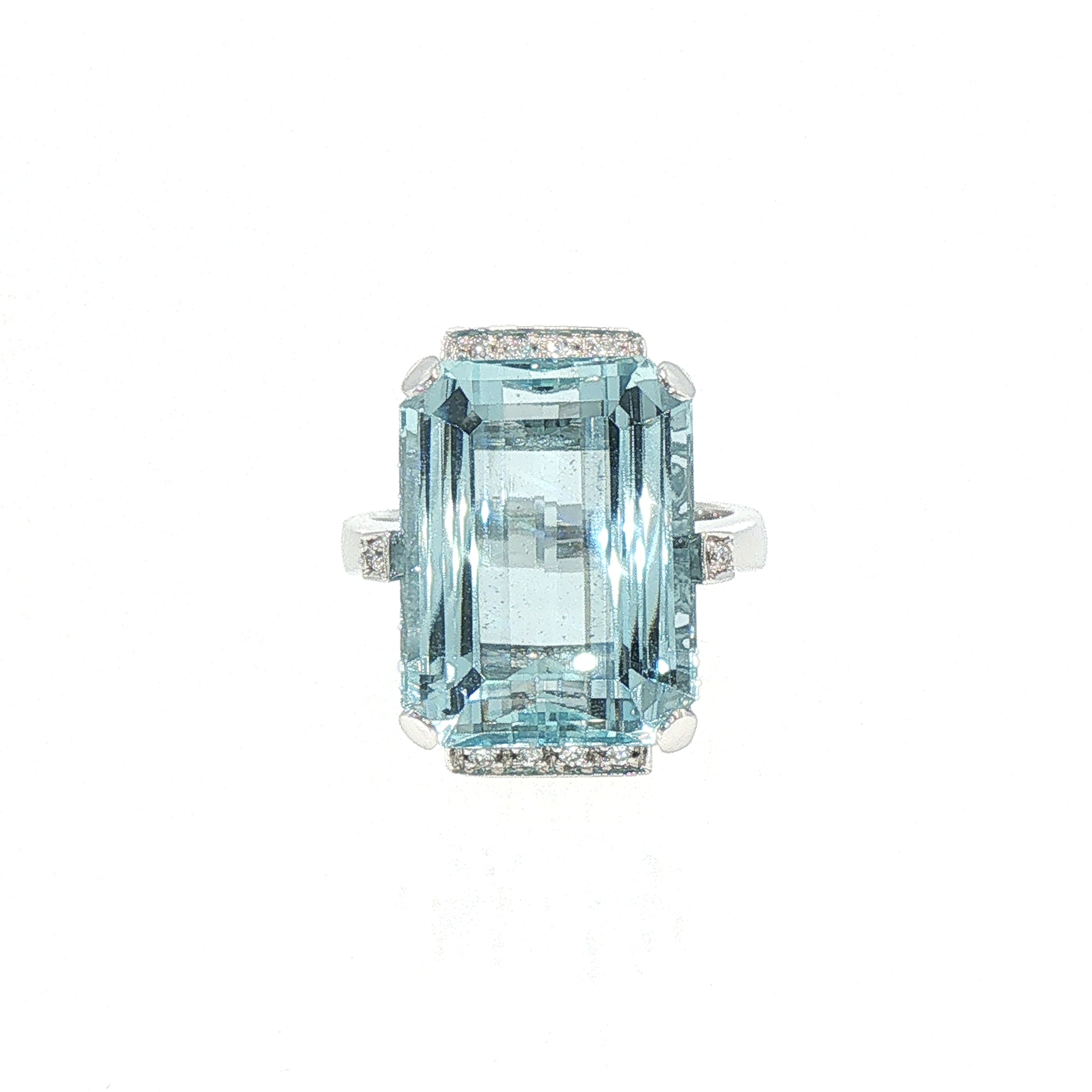 18ct White Gold Emerald Cut Aquamarine and Natural Diamond Ring