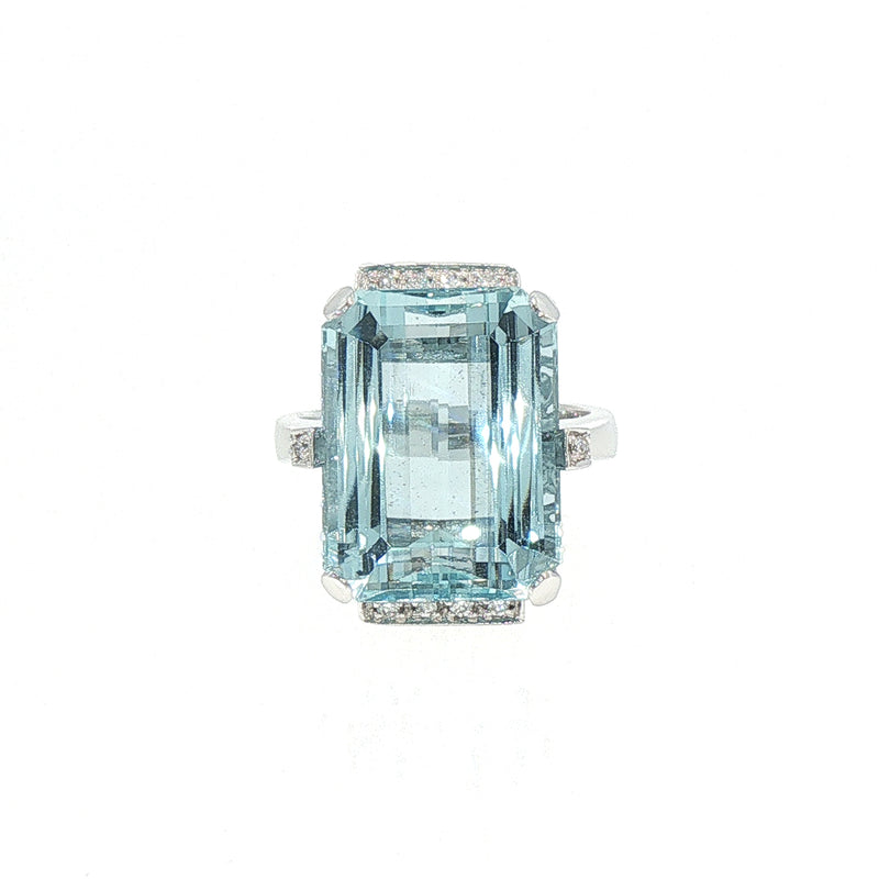 18ct White Gold Emerald Cut Aquamarine and Natural Diamond Ring