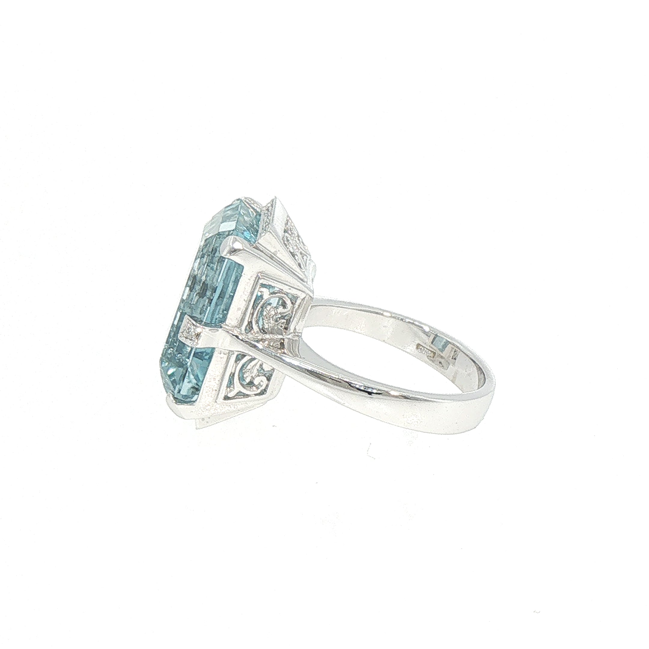 18ct White Gold Emerald Cut Aquamarine and Natural Diamond Ring