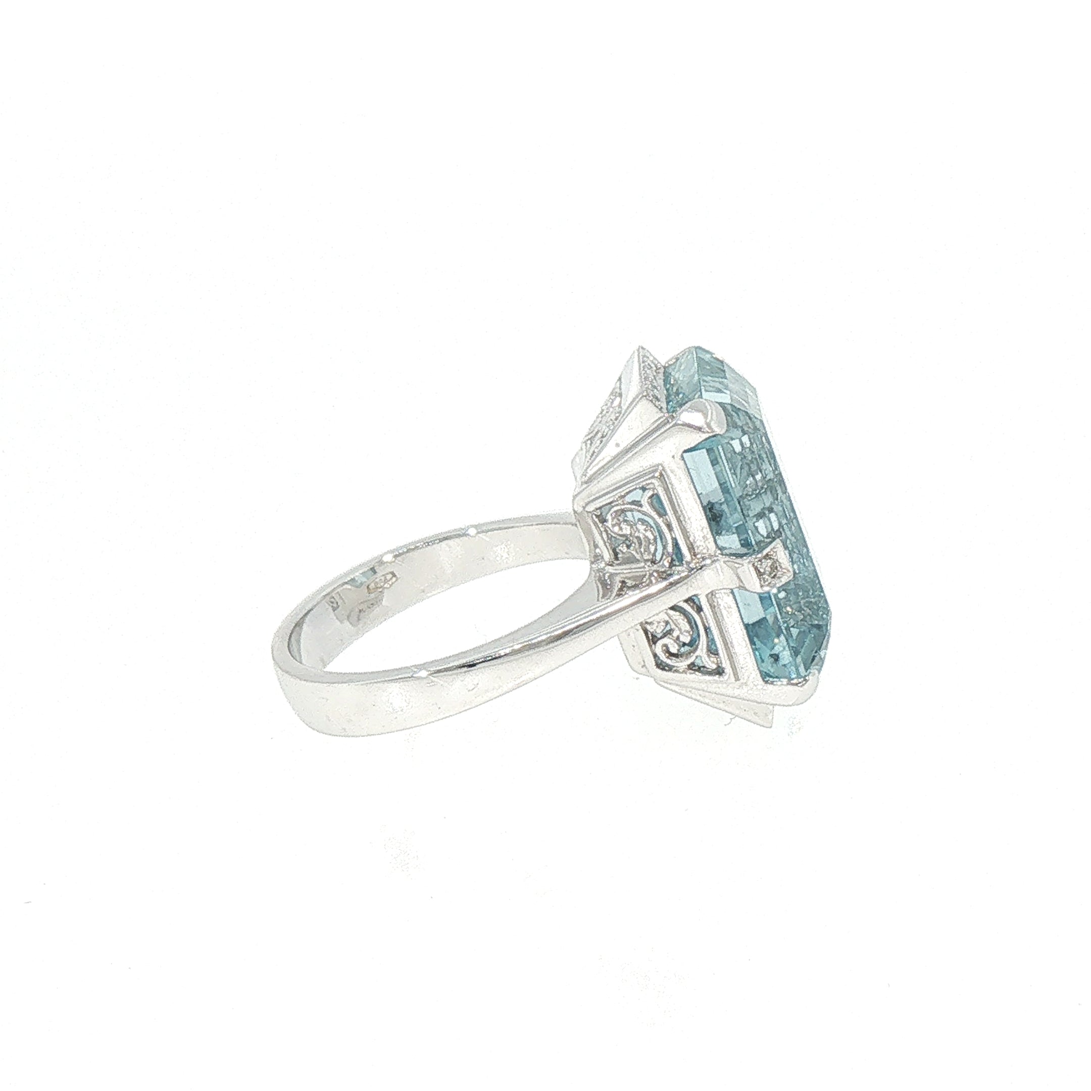 18ct White Gold Emerald Cut Aquamarine and Natural Diamond Ring