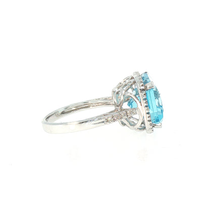 Vintage Radiant Aquamarine and Natural Diamond Cocktail Ring in 14ct White Gold