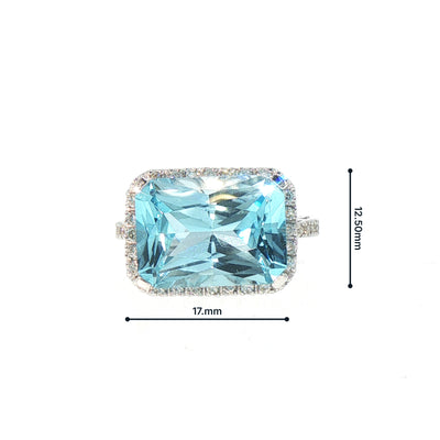 Vintage Radiant Aquamarine and Natural Diamond Cocktail Ring in 14ct White Gold