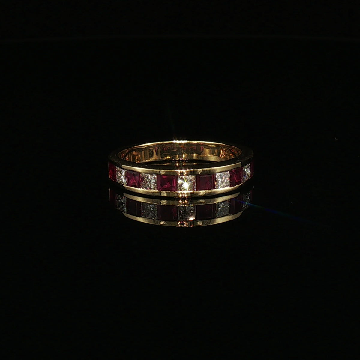 Vintage Natural Ruby and Diamond Channel Set Eternity Ring in 18ct Yellow Gold