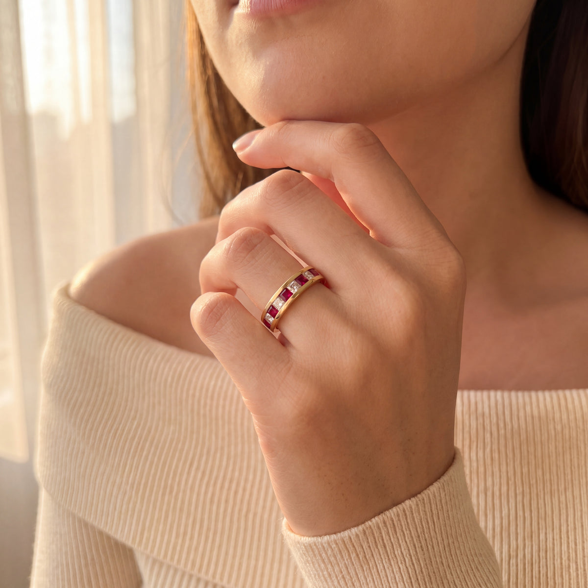 Vintage Natural Ruby and Diamond Channel Set Eternity Ring in 18ct Yellow Gold