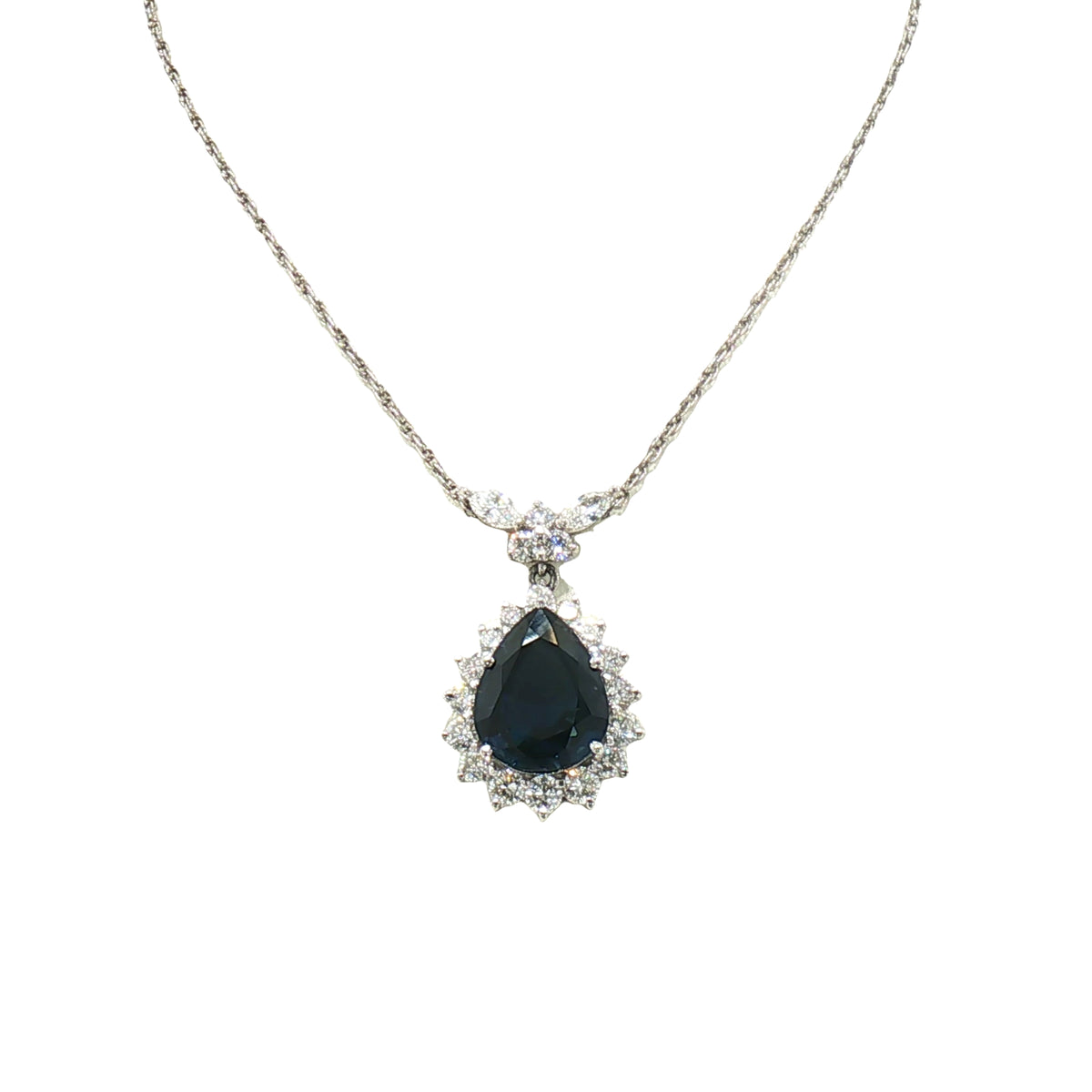 Vintage Natural Sapphire and Diamond Cluster Pear Drop Pendant in Platinum