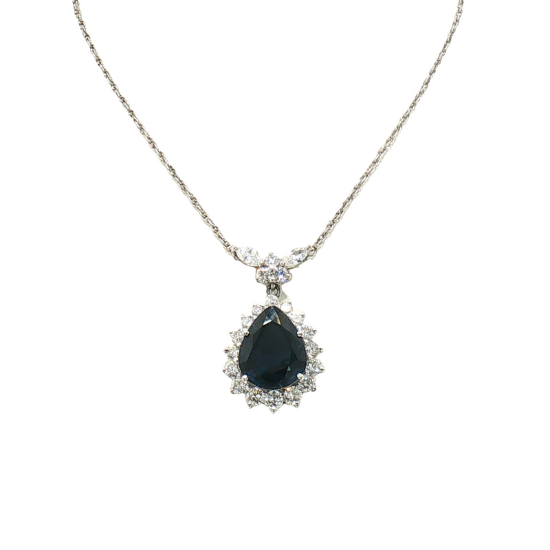 Vintage Natural Sapphire and Diamond Cluster Pear Drop Pendant in Platinum