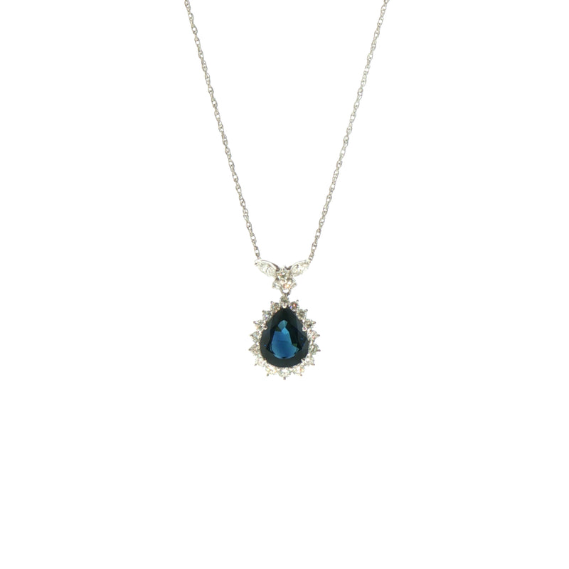 Vintage Natural Sapphire and Diamond Cluster Pear Drop Pendant in Platinum
