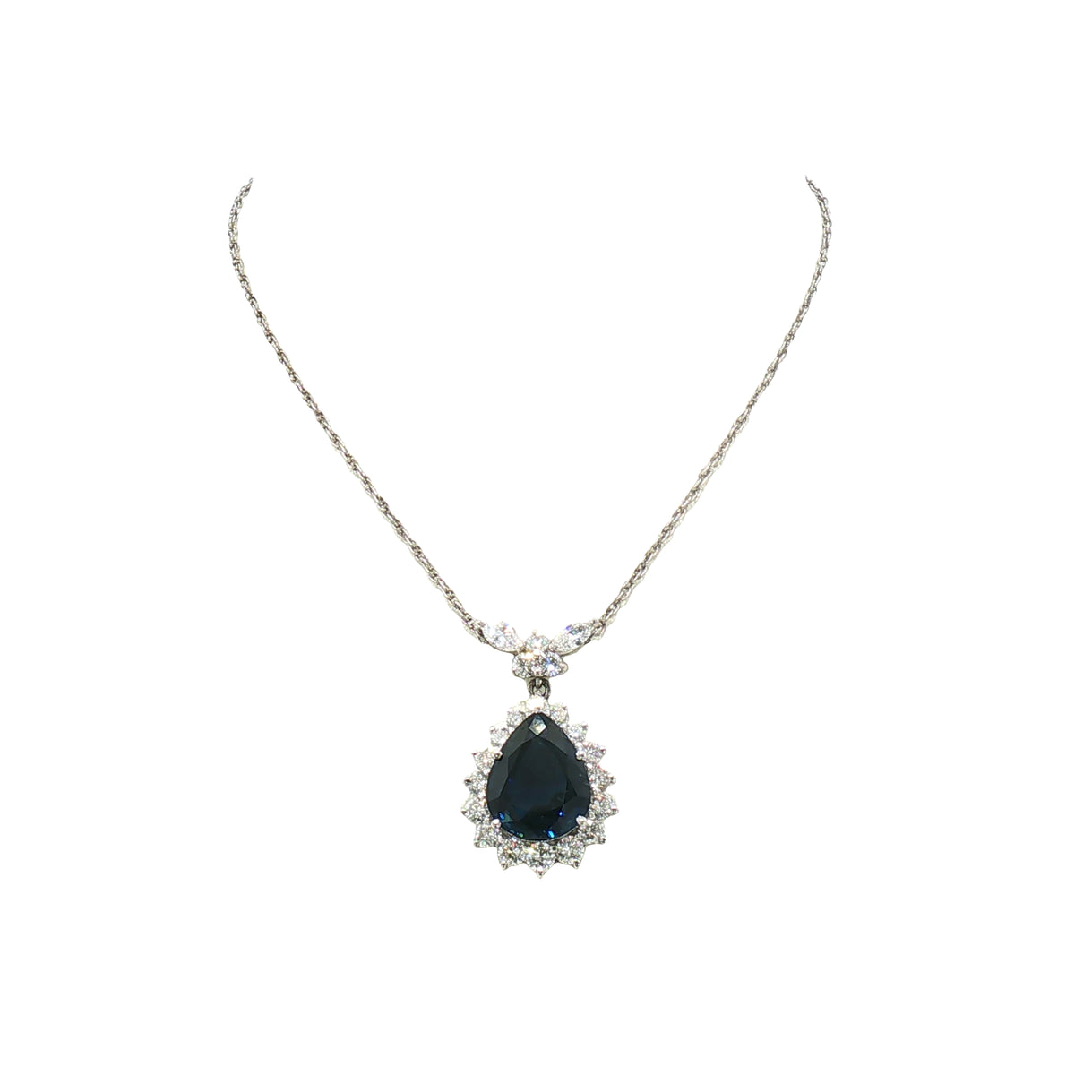 Vintage Natural Sapphire and Diamond Cluster Pear Drop Pendant in Platinum