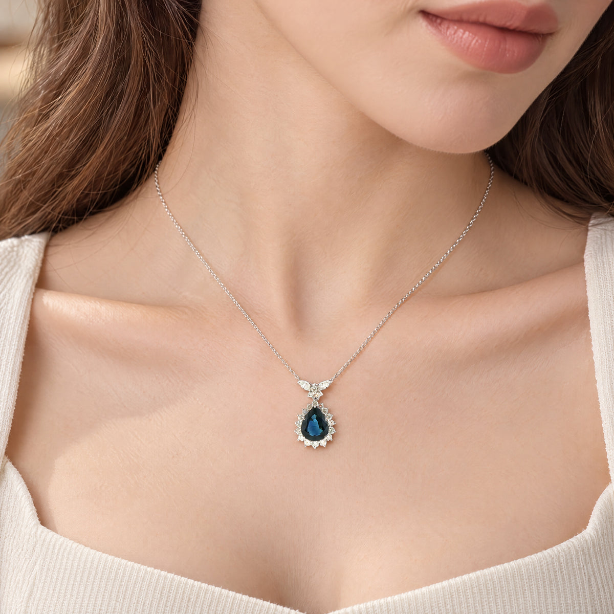 Vintage Natural Sapphire and Diamond Cluster Pear Drop Pendant in Platinum